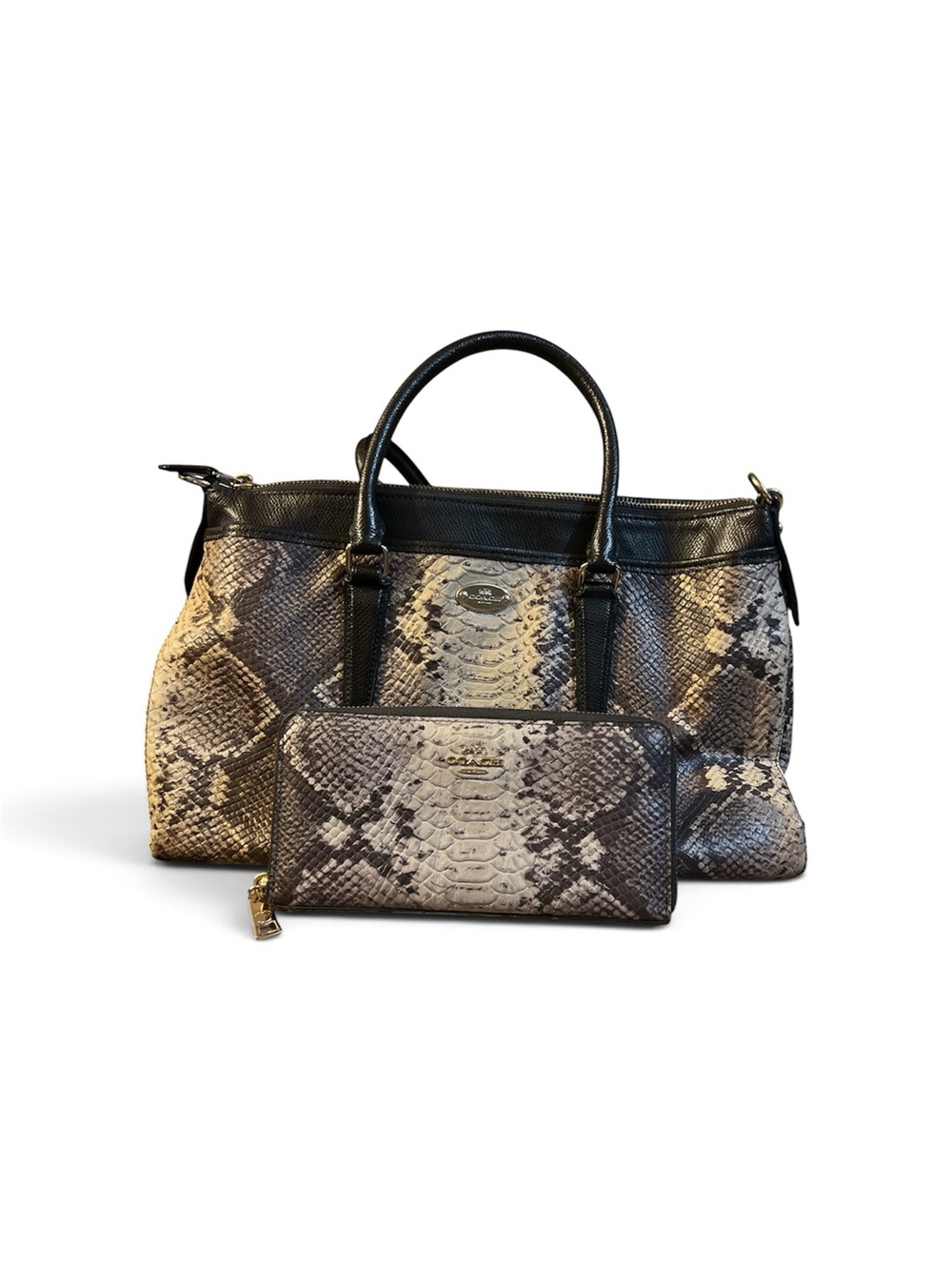Snake-Print Satchel and Wallet Set - Brown and tan